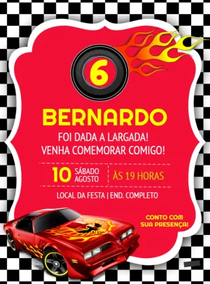 Convite Aniversário Carros de Corrida para Editar Online