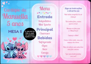 Cardápio Aniversário Stitch e Angel para Editar Online