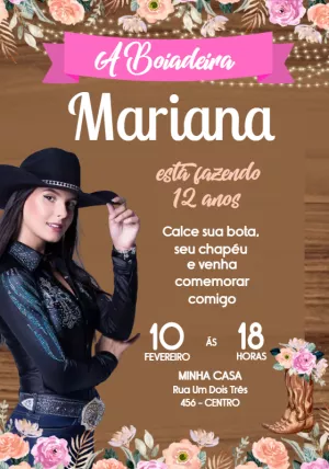Convite de Aniversário Boiadeira Country para Editar Online