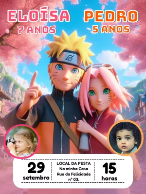Convite Aniversário Duplo Naruto e Sakura com Foto para Editar
