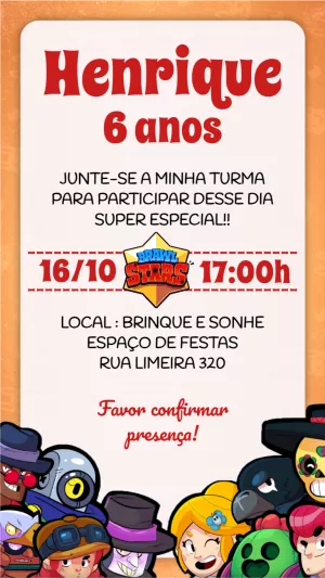 Convite Aniversário Brawl Stars com Personagens para Editar Online