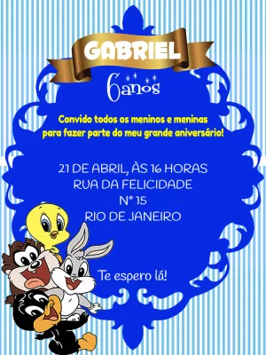 Convite Aniversário Looney Tunes Baby para Editar Online
