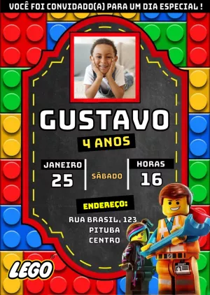 Convite de Aniversário Lego com Foto para Editar Online