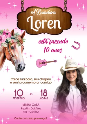 Convite de Aniversário Boiadeira com Foto para Editar Online