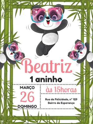 Convite Aniversário Panda Menina com Óculos para Editar Online