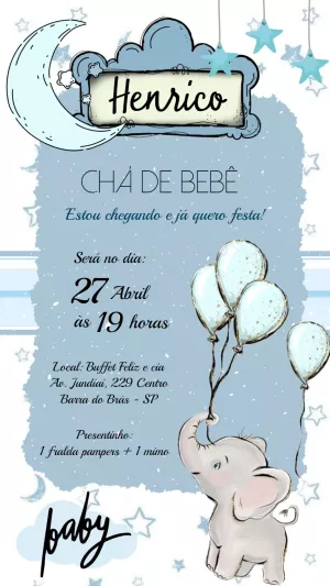 Convite Chá de Bebê Elefantinho Azul para Editar Online