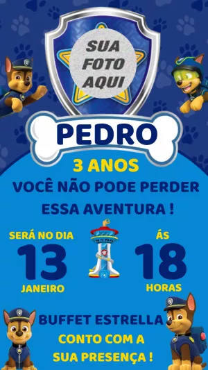 Convite Aniversário Patrulha Canina com Foto para Editar
