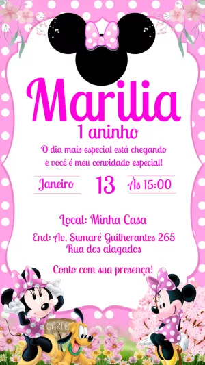 Convite de Aniversário Minnie Rosa para Editar Online