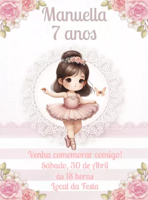 Convite Aniversário Bailarina Delicada para Editar Online