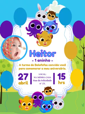 Convite Aniversário Bolofofos com Foto para Editar Online