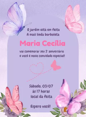Convite Aniversário Jardim das Borboletas Lilás para Editar