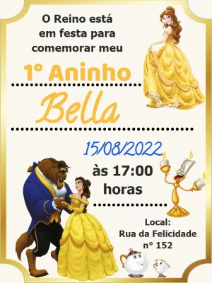 Convite Aniversário A Bela e a Fera para Editar Online