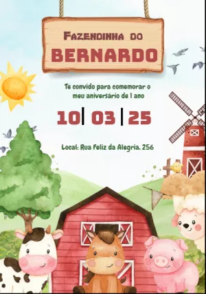 Convite de Aniversário Fazendinha com Animais para Editar Online
