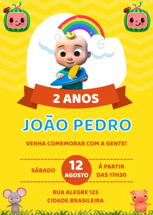 Convite de Aniversário Cocomelon com Personagens para Editar