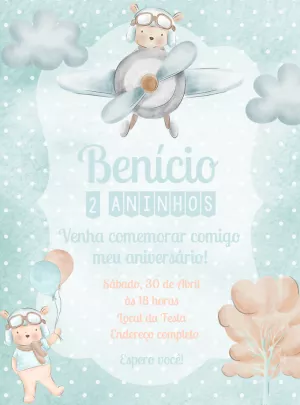 Convite Aniversário Ursinho Aviador para Editar Online