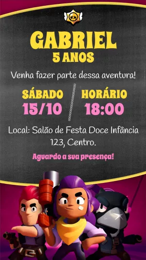 Convite Aniversário Brawl Stars para Editar com Personagens