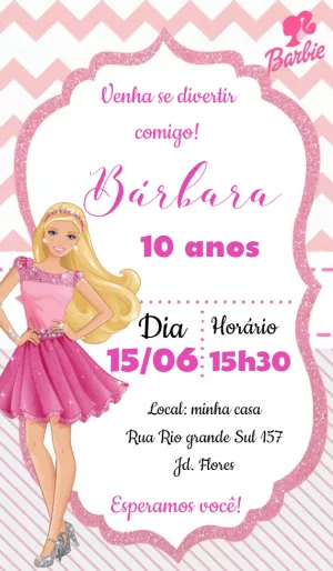 Convite de Aniversário Barbie Rosa para Editar Online e Imprimir