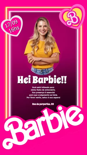 Convite de Aniversário Barbie com Moldura Neon e Foto para Editar