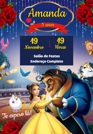 Convite de Aniversário A Bela e a Fera para Editar Online