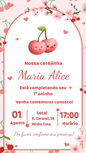 Convite Aniversário Cerejinha Aquarela para Editar Online