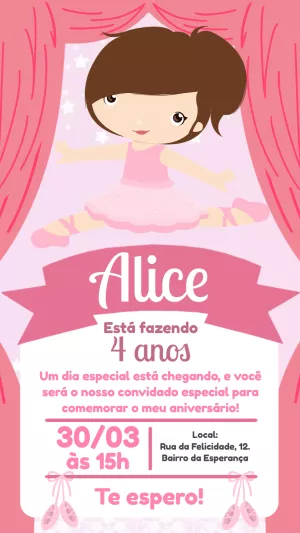 Convite de Aniversário Bailarina para Editar e Imprimir