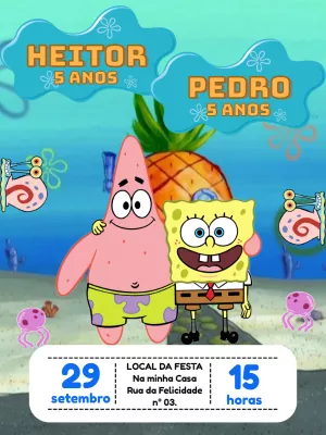 Convite Aniversário Duplo Bob Esponja e Patrick para Editar