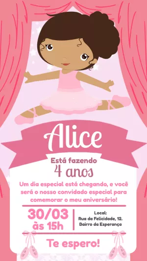 Convite Aniversário Bailarina Morena para Editar Online