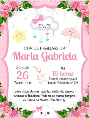 Convite Chá de Fraldas Chuva de Amor Menina para Editar Online