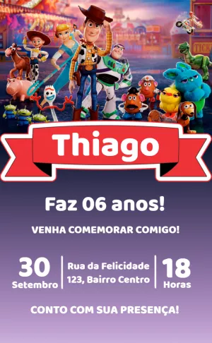 Convite Aniversário Toy Story com Personagens para Editar Online