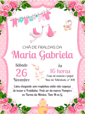 Convite Chá de Fraldas Menina Varal e Cegonha para Editar
