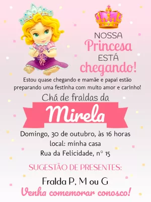 Convite Chá de Fraldas Princesa Rapunzel para Editar Online