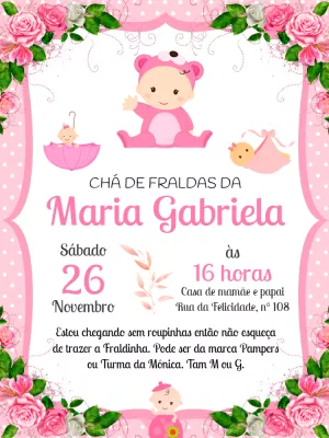 Convite Chá de Fraldas Menina Ursinha Floral para Editar
