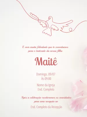 Convite Batizado Menina Rosa com Pomba para Editar Online