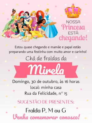Convite Chá de Fraldas Princesas Disney para Editar