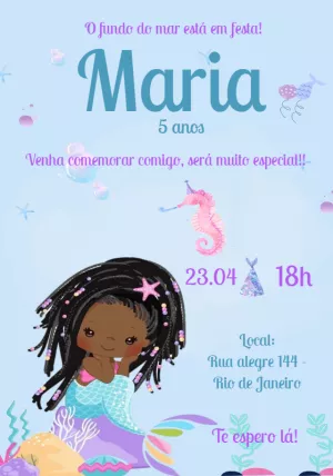 Convite de Aniversário Sereia Negra para Editar Online