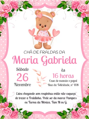 Convite Chá de Fraldas Ursinha Rosa para Editar Online