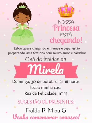 Convite Chá de Fraldas da Princesa Tiana para Editar Online