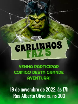 Convite de Aniversário do Hulk para Editar e Imprimir Online