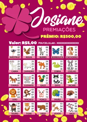 Cartela de Rifa Jogo do Bicho para Editar Online e Imprimir