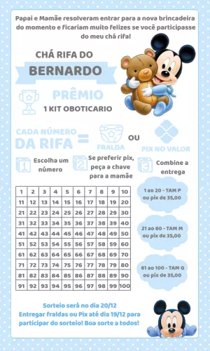 Convite Chá Rifa Mickey Baby para Editar Online e Imprimir