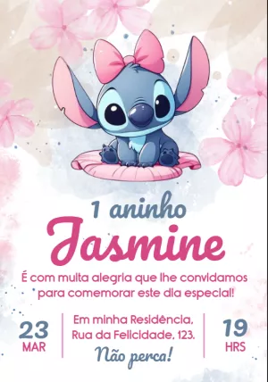 Convite Aniversário Stitch Rosa para Editar Online