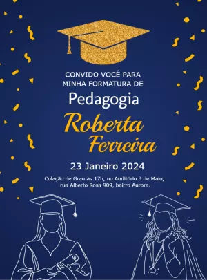 Convite Formatura Pedagogia Elegante Azul Dourado para Editar