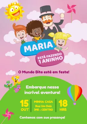 Convite de Aniversário Mundo Bita com Personagens para Editar