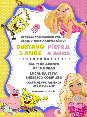 Convite Aniversário Duplo Bob Esponja e Barbie para Editar