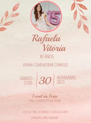 Convite de 15 Anos Aquarela Rosa com Foto para Editar Online