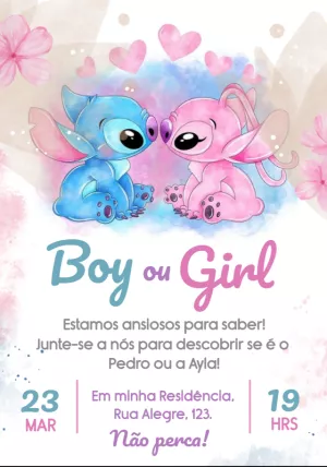 Convite Chá Revelação Stitch e Angel para Editar Online