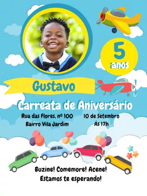 Convite Carreata de Aniversário Avião com Foto para Editar