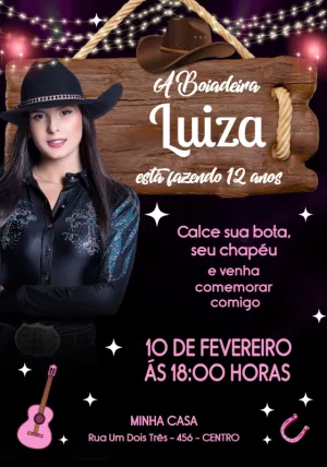Convite Aniversário Boiadeira com Foto para Editar Online