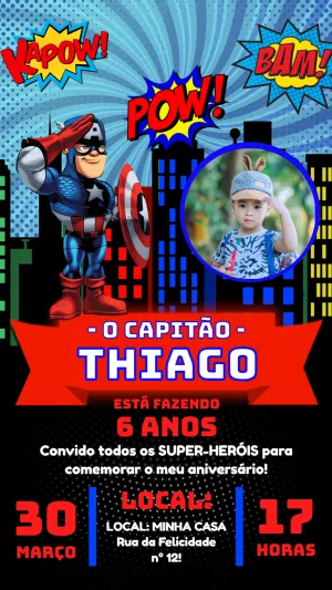 Convite Aniversário Capitão América com Foto para Editar Online