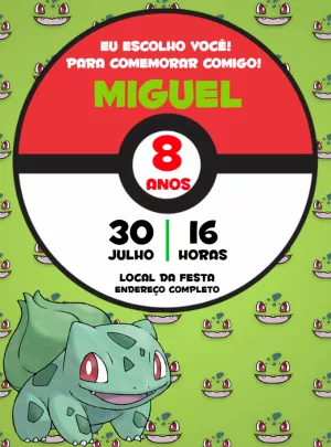Convite de Aniversário Pokémon Bulbassauro para Editar Online